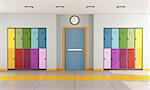 Interior of a modern school with colorful student lockers and door of a classroom - 3D Rendering