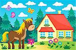 Horse in garden near house - eps10 vector illustration.