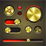 Set of the detailed UI elements with knob, switches and slider in metallic style. Vector illustration