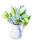 Lilies of the valley in jug isolated on white. Watercolor painting.