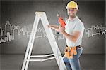 Handyman on ladder against hand drawn city plan