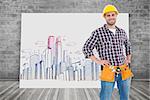 Handyman wearing tool belt while standing hands on hips against composite image of white card