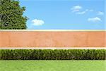 Empty garden with hedges against orange wall - 3D Rendering
