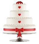 Wedding cake with red roses,hearts and bow isolated on white - 3D Rendering