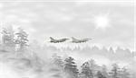 Landscape of misty forest at sunrise, fighter jets taking off - concept of mystery