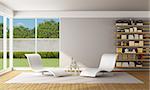 Modern Living room with two white chaiselounge and wooden bookcase - 3D Rendering