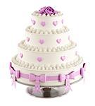 Wedding cake with pink roses,hearts and bow isolated on white - 3D Rendering