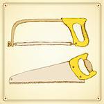 Sketch saws for wood and metal in vintage style, vector