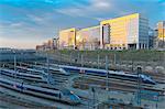 France. Paris area. Val-de-Marne. Charenton-le-Pont. Building of the bank Natixis and the ways SNCF(FRENCH NATIONAL RAILWAY COMPANY) with TGV(HST)