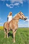 Portrait of young woman sitting on a Haflinger horse in a meadow in spring, Bavaria, Germany