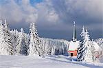 Winter landscape with church, Kandel Mountain, Black Forest, Baden-Wurttemberg, Germany, Europe