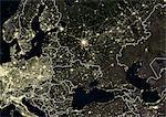 Eastern Europe at night in 2012, with Moscow, Russia at center. This satellite image with country borders shows urban and industrial lights.