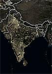 India at night in 2012. This satellite image with country borders shows urban and industrial lights.