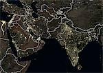 Middle East and India at night in 2012. This satellite image with country borders shows urban and industrial lights.