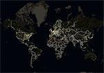 World at night in 2012, showing a world map in Mercator projection. This satellite image with country borders shows urban and industrial lights.