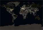 World at night in 2012, showing a world map in Miller projection. This satellite image with country borders shows urban and industrial lights.