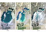 Satellite view of the Aral Sea in 1990, 2000 and 2010. This image shows the shrinking of the Aral Sea over the years.