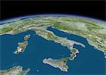 3D satellite image of Italy, showing Sicily, Sardinia and Corsica.