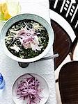 Still life with bowl of chicken soup with sliced red onion garnish