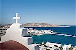 View of church roof and sea, Mykonos, Cyclades, Greece