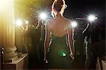 Silhouette of celebrity in black dress being photographed by paparazzi