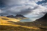 Sun shining along cliffs and shore, Veidileysa, West Fjords, Iceland