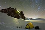 Europe, France, Haute Savoie, Rhone Alps, Chamonix, star trails above Aiguille du Midi and campsite on Col du Midi