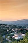 View of Church of St Ponziano at sunset, Spoleto, Umbria, Italy