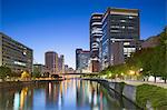 Skyscrapers on Nakanoshima island at dusk, Kita, Osaka, Kansai, Japan