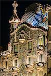 Close-up view of the facade of Casa Batllo by Antoni Gaudi at night, Barcelona, Catalonia, Spain