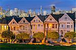 Night view of the Painted Ladies victorian houses in Alamo Square, San Francisco, California, USA