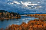 USA,Wyoming, Rockies, Rocky Mountains, Grand Teton, National Park, stormy fall landscape at oxbow bend of the Snake river