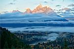 USA, Wyoming, Grand Teton National Park, Snake river overlook at dawn with Tetons in the back