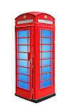 Classic British red phone booth in London UK, isolated on white, blue window