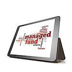 Managed fund word cloud on tablet image with hi-res rendered artwork that could be used for any graphic design.