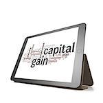 Capital gain word cloud on tablet image with hi-res rendered artwork that could be used for any graphic design.