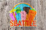 Seattle Washington Abstract Downtown City Skyline in Circle Isolated on White Background Impressionist Wood Background Illustration