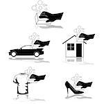 Icon set showing a hand scrubbing a house, shirt, shoe or car clean