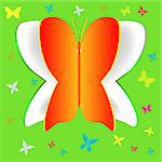 Paper Butterfly on Green Background with Silhouettes of Colorful Batterflies.