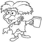 Forest Elf Holding Cup - Black and White Cartoon Illustration, Vector