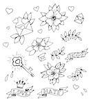 Vintage set of hand drawn traditional tattoo design elements, vector