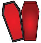 Open coffin with a red cloth inside the lid is open. Vector illustration.