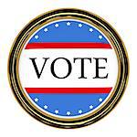 Illustration of a button with red white and blue design and the word vote