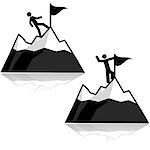Icon set showing a man climbing a mountain and reaching its summit