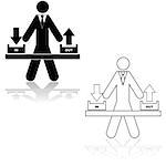 Icon illustration showing a businessman standing in the middle of an inbox and an outbox