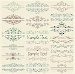 Set of Hand Drawn Colorful Doodle Design Elements. Decorative Artistic Floral Dividers, Borders, Swirls, Scrolls, Text Frames. Vintage Vector Illustration.