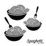 Spaghetti or noodle with fork black vector icons