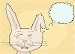 Sobbing cartoon rabbit with bent ear and thought bubble