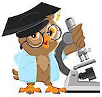 Owl professor in mortarboard holding the microscope. Illustration in vector format