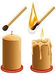 Set match and candle. New and burns. Isolated illustration in vector format